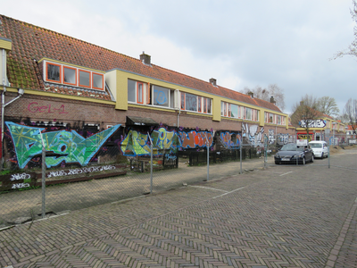 829759 Gezicht op de voorgevels van de leegstaande panden Tomaatstraat 29-lager te Utrecht, die allemaal volgespoten ...